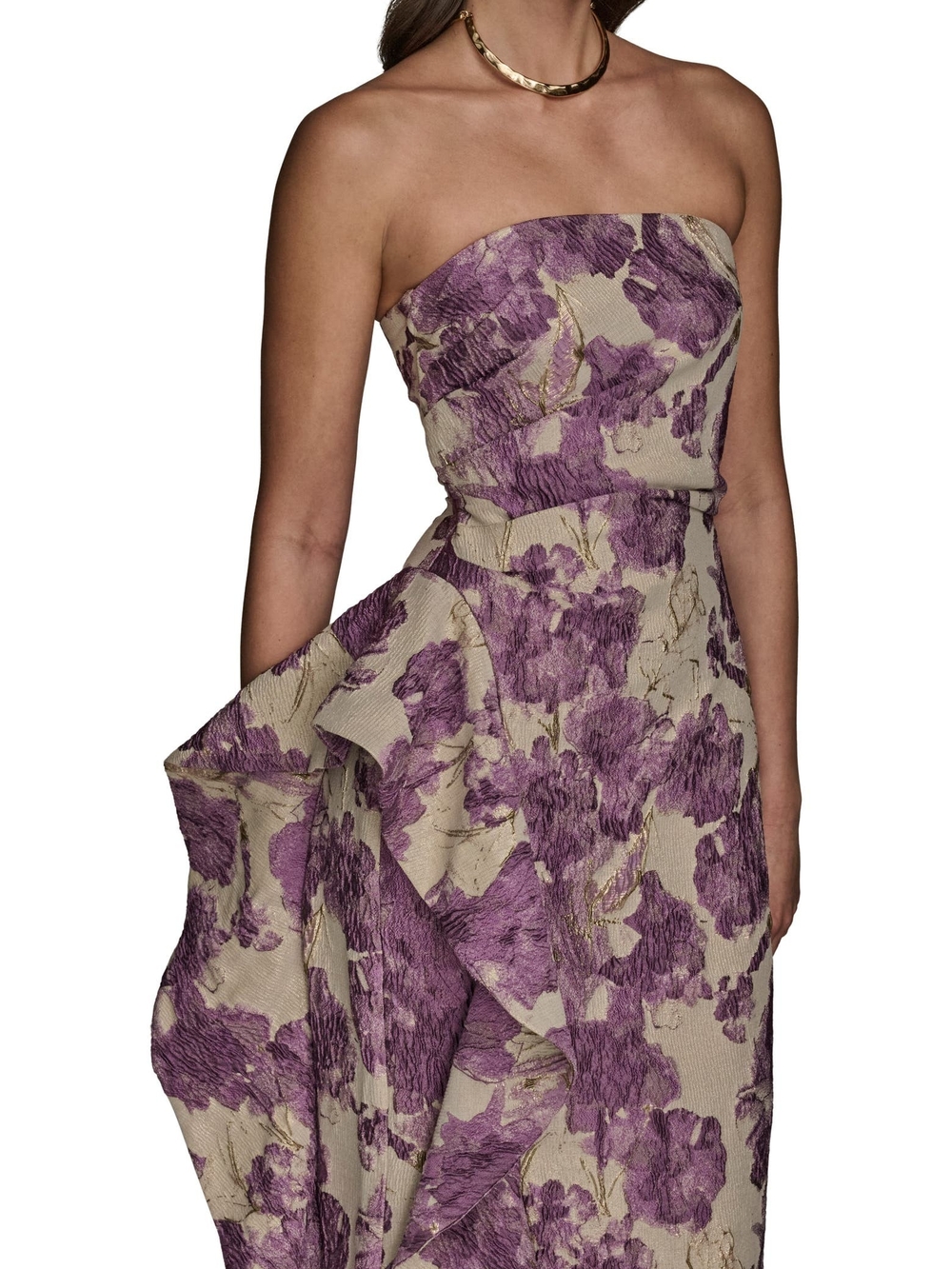Donna Karan Strapless Purple Floral Jacquard Dress on Cream